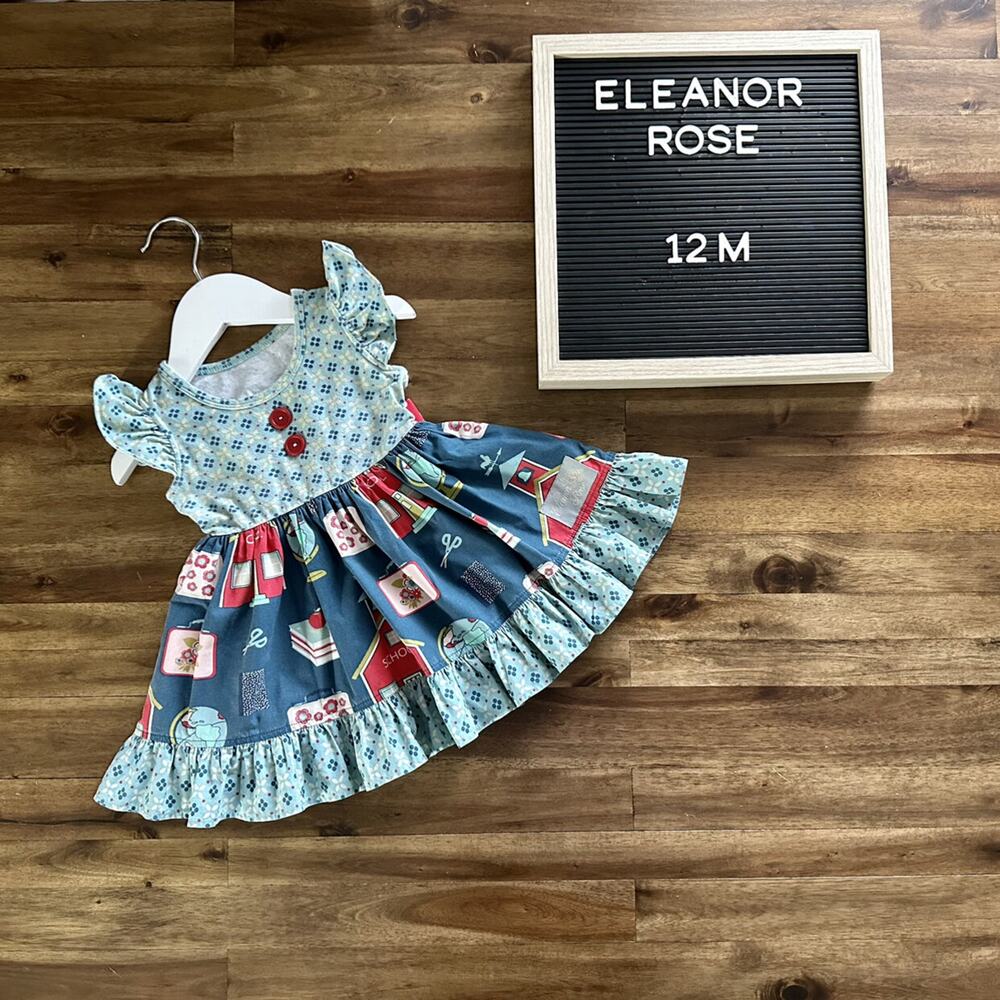 Eleanor Rose School Days Blue Red Sleeveless Ruffle Mixed Print Rhonda Dress 12M